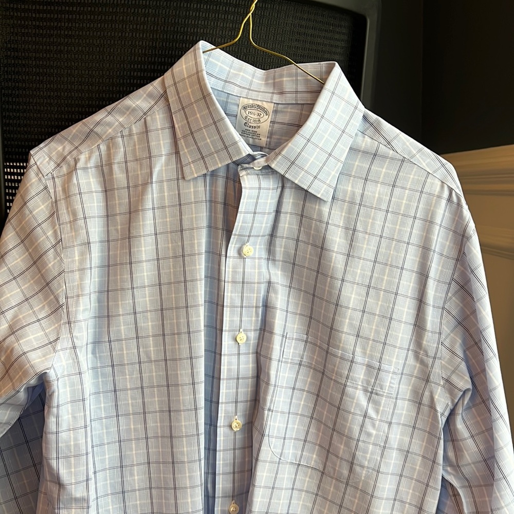 Brooks Brother non-iron dress shirt, black/blue box, size 15.5/32 regent fit.